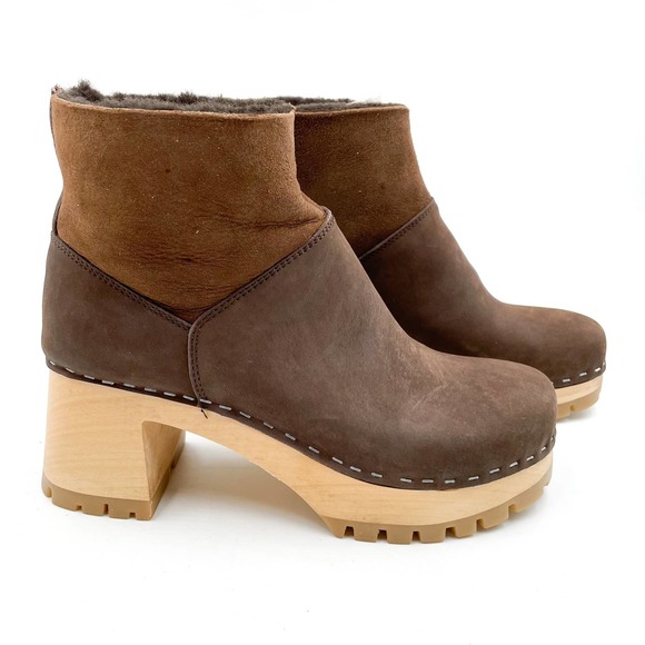 Swedish Hasbeens Shoes - New Swedish Hasbeens Slip On Booties Shearling Platform Clog Brown Sz 38 / 8